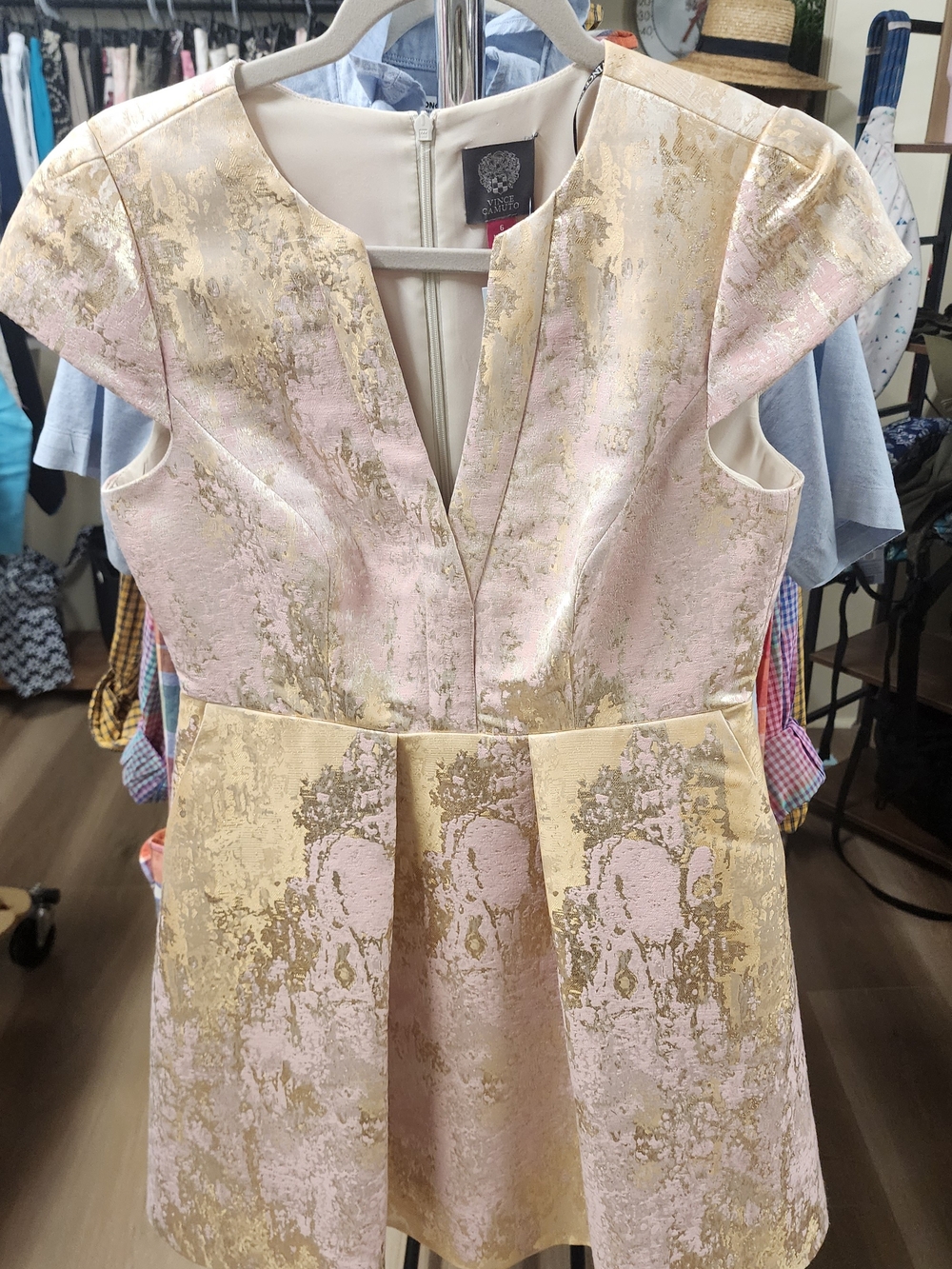 Vince Camuto Blush Pink and Gold Brocade Cap-Sleeve Fit-and-Flare Dress